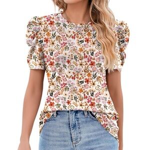 Ivicoer Puff Sleeve Tee Blouse Floral Cream NWT